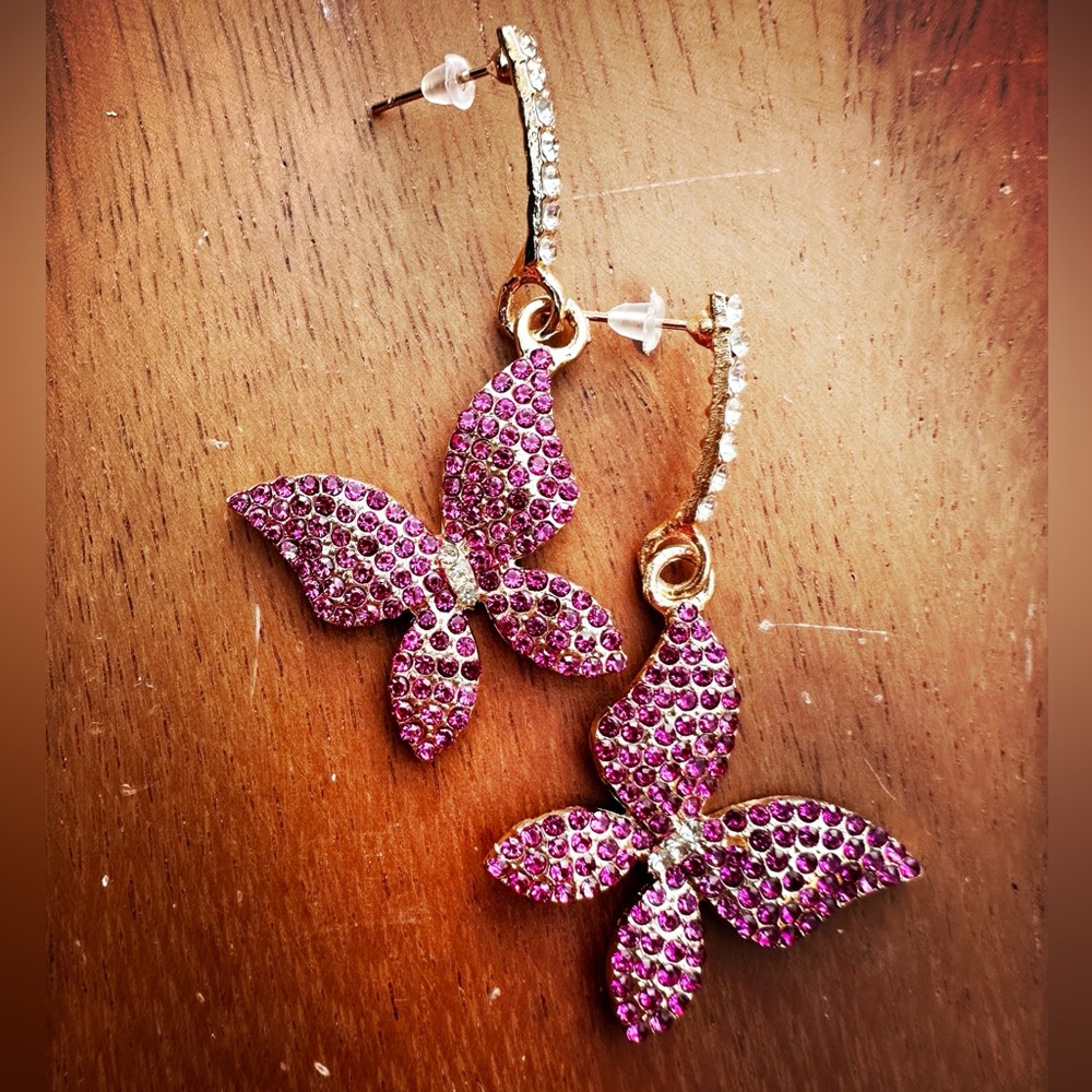 RESTOCK: Gold Butterfly Drop Earrings in Hot Pink Pavé Crystals.